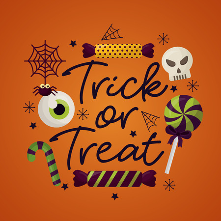 happy halloween celebration day trick or treat candys skull lollipop spiderweb vector illustrationのイラスト素材