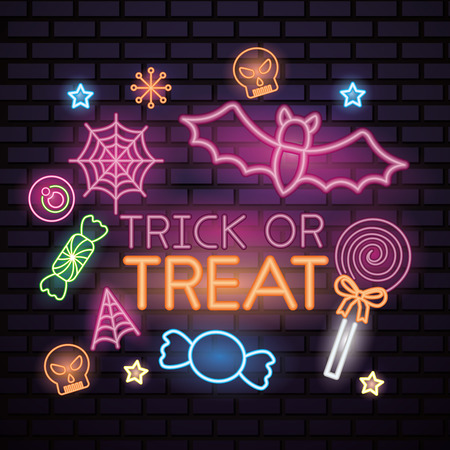 happy halloween celebration bat stars candys trick or treat lollipop sweet vector illustrationのイラスト素材
