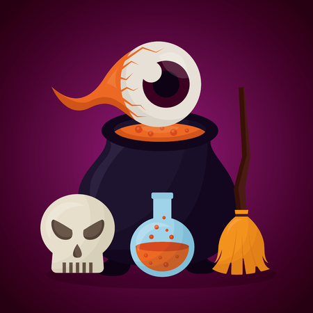 happy halloween day boiler eye potion broom skull danger creepy vector illustrationのイラスト素材