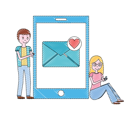young man and woman with smartphone email love vector illustrationのイラスト素材