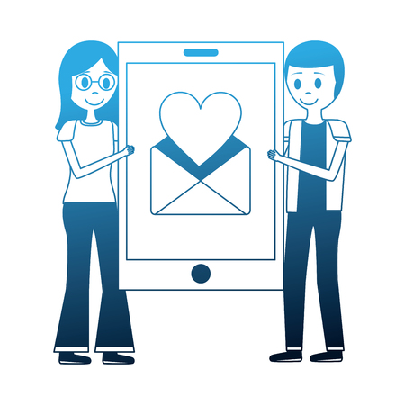 couple holding big smartphone email love hart message vector illustration blue neonのイラスト素材