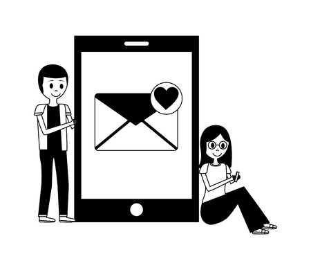 young man and woman with smartphone email love vector illustrationのイラスト素材