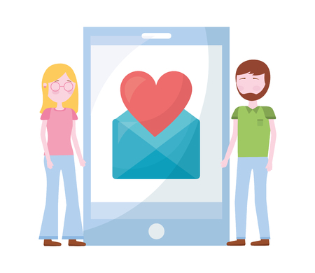 couple with smartphone and set icons vector illustration designのイラスト素材