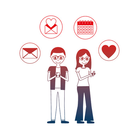 young couple with set icons avatar character vector illustration designのイラスト素材