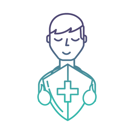 man character holding shield protection medical symbol vector illustration neonのイラスト素材