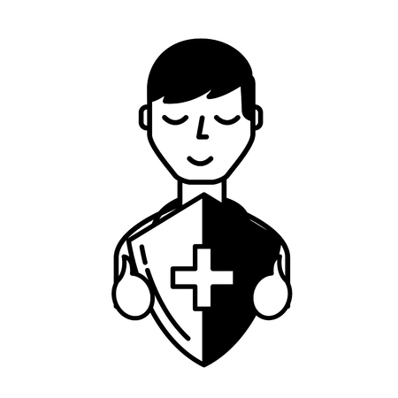 man character holding shield protection medical symbol vector illustration black and whiteのイラスト素材