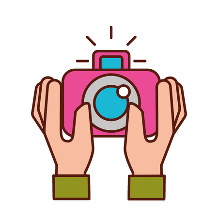 hands holding photographic camera gadget vector illustrationのイラスト素材