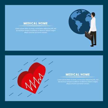 health label signs heart pulse life doctor holding portfolio vector illustrationのイラスト素材