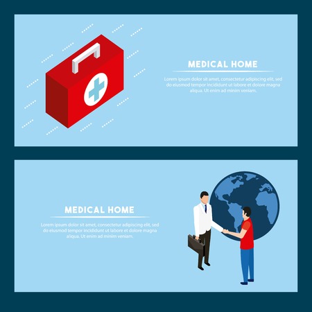 health banner sign first aid kit doctor and patient greeting vector illustrationのイラスト素材