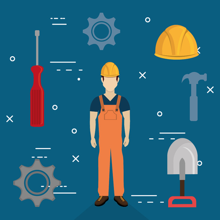 builder character with construction equipment vector illustration designのイラスト素材