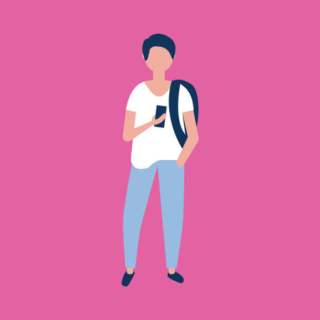 outdoor activities boy holding telephone and bag vector illustration