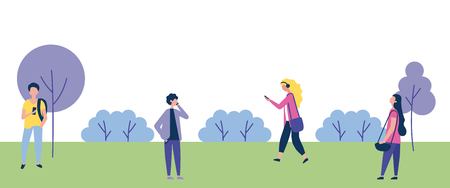 outdoor activities park people walking listen music vector illustrationのイラスト素材