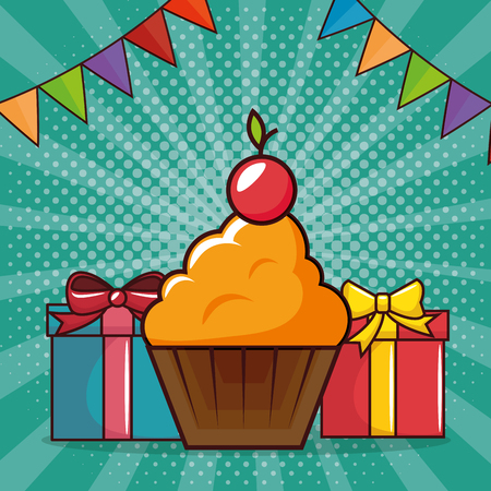 birthday card with cupcake and gifts vector illustration designのイラスト素材