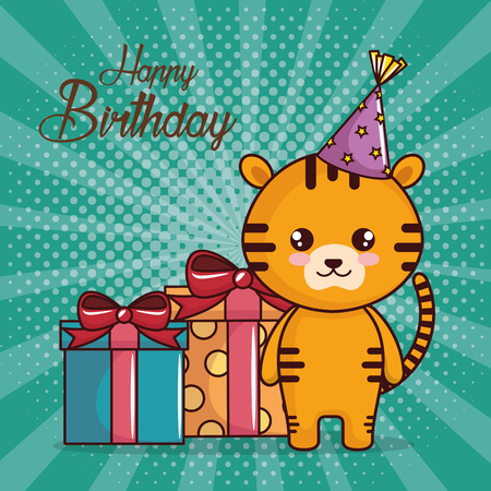 happy birthday card with cute tiger vector illustration designのイラスト素材