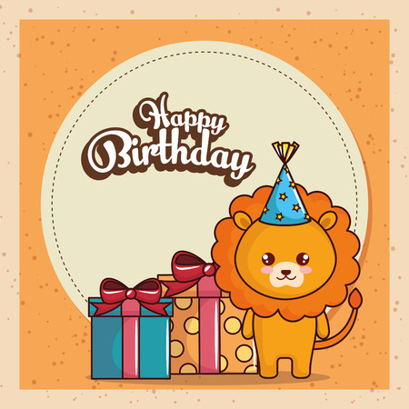 happy birthday card with cute lion vector illustration designのイラスト素材