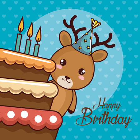 happy birthday card with cute reindeer vector illustration designのイラスト素材