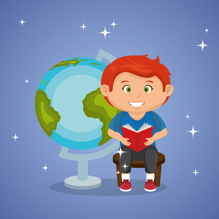 little schoolboy with world planet vector illustration designのイラスト素材