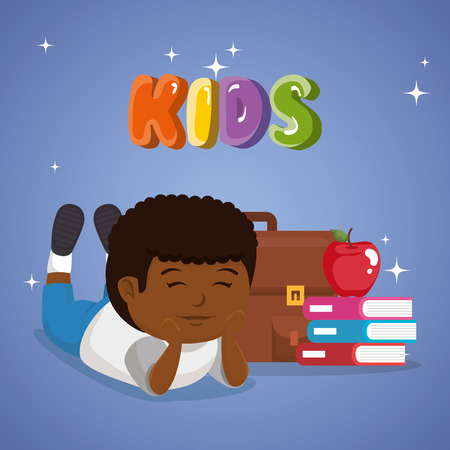 little afro schoolboy with education supplies vector illustration designのイラスト素材