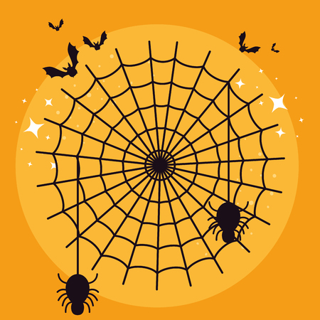 halloween card with spider web and bats flying vector illustration designのイラスト素材