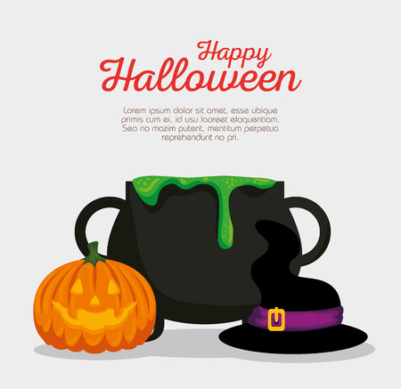 halloween card with cauldron and pumpkin vector illustration designのイラスト素材