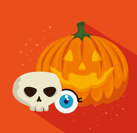 halloween card with pumpkin and skull vector illustration designのイラスト素材