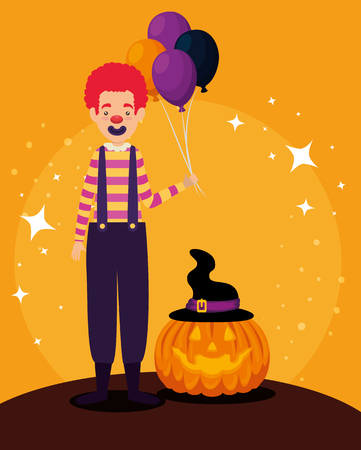 halloween card with pumpkin and clown character vector illustrationのイラスト素材