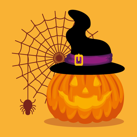 halloween card with pumpkin and witch hat vector illustration designのイラスト素材