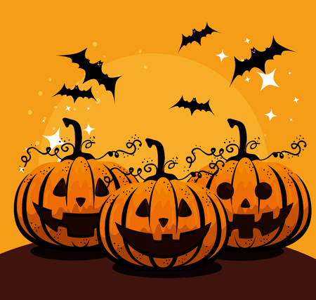 halloween card with pumpkins and bats flying vector illustration designのイラスト素材