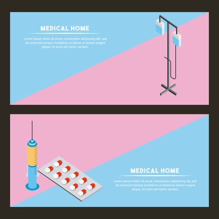 medical health banner sign stand iv pills inyection vector illustrationのイラスト素材