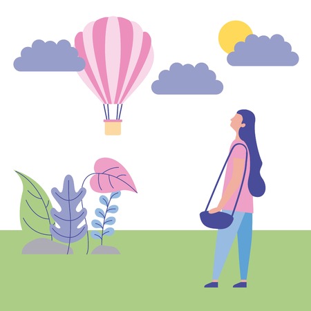 outdoor activities hot air baloon flowers sunday girl looking up vector illustrationのイラスト素材