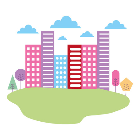 city building meadow nature trees landscape vector illustrationのイラスト素材