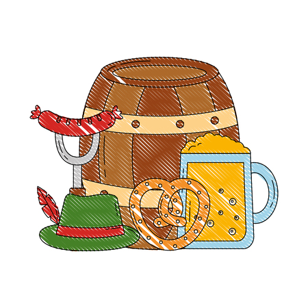 oktoberfest barrel beer pretzel sausage and hat traditional vector illustrationのイラスト素材