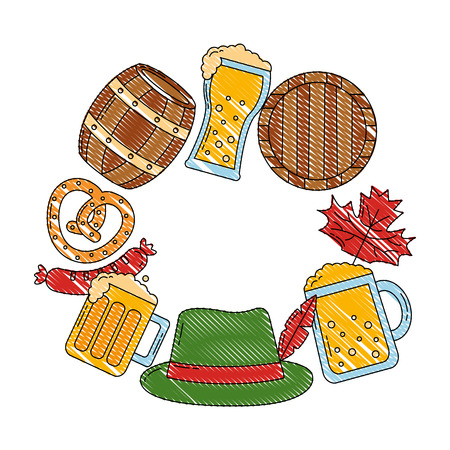 oktoberfest beer barrel leaves hat pretzel label vector illustrationのイラスト素材