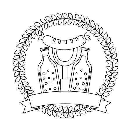beer bottles and sausage with fork emblem oktoberfest vector illustration outlineのイラスト素材