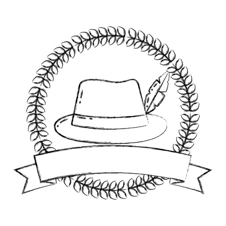bavarian hat with feather ribbon emblem vector illustration  hand drawingのイラスト素材