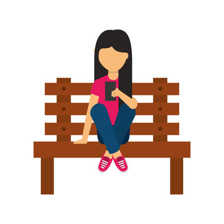 young woman sitting on bench with smartphone vector illustrationのイラスト素材
