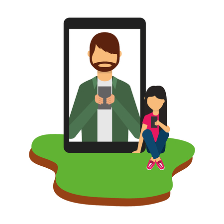 girl sitting in floor with smartphone chatting man vector illustrationのイラスト素材