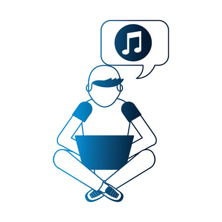 man sitting with laptop listening music vector illustration neonのイラスト素材