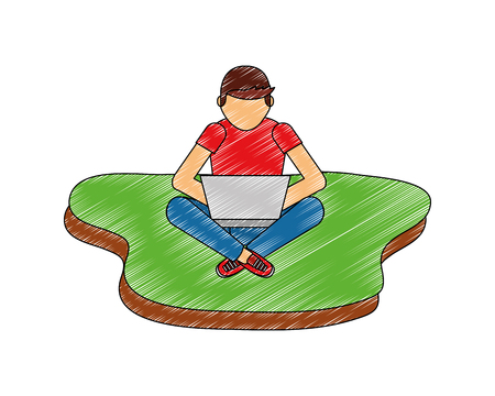 man with laptop sitting on the floorのイラスト素材