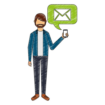 beard man holding smartphone with email vector illustrationのイラスト素材