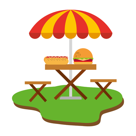 picnic chair with hamburger and hot dog vector illustration designのイラスト素材