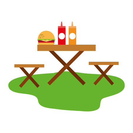 picnic chairs with hamburger and bottle of sauces vector illustration designのイラスト素材