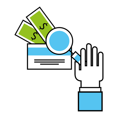 hand holding magnifying glass bank card money business vector illustrationのイラスト素材