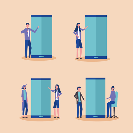 people business smartphones technology woman mans standing vector illustrationのイラスト素材