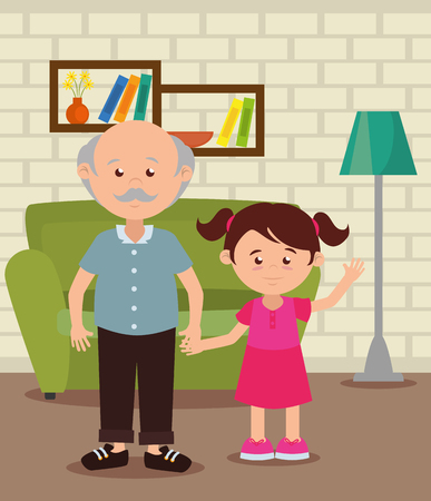 grandfather with granddaughter in the livingroom vector illustrationのイラスト素材