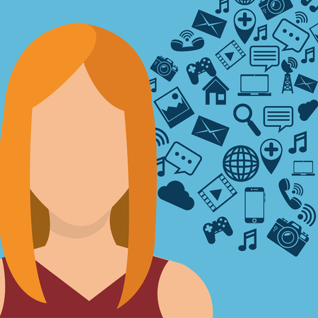 young woman with social media marketing icons vector illustration designのイラスト素材
