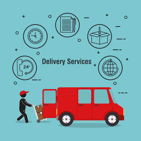 delivery service worker character with set icons vector illustration designのイラスト素材