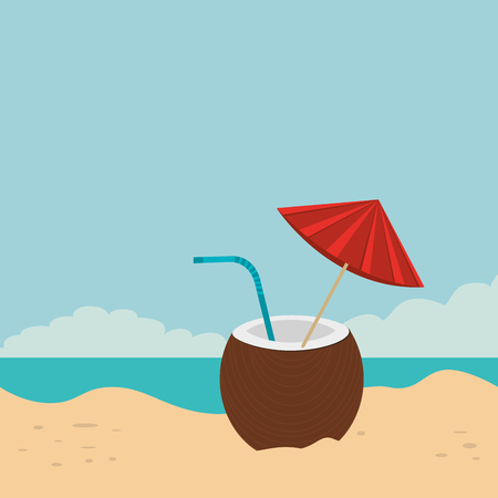 beach landscape with coconut cocktail scene vector illustration designのイラスト素材