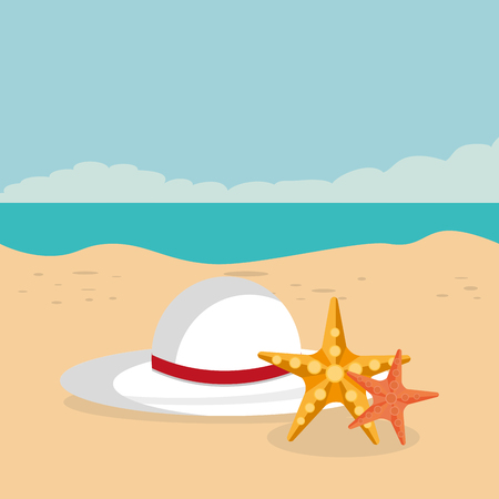 beach landscape with female hat scene vector illustration designのイラスト素材