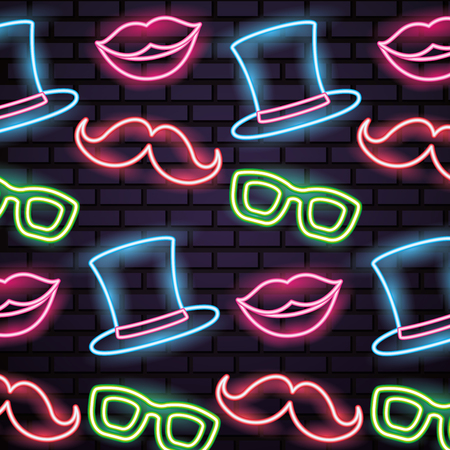 party mask night neon moustaches glasses traditional hat background vector illustrationのイラスト素材